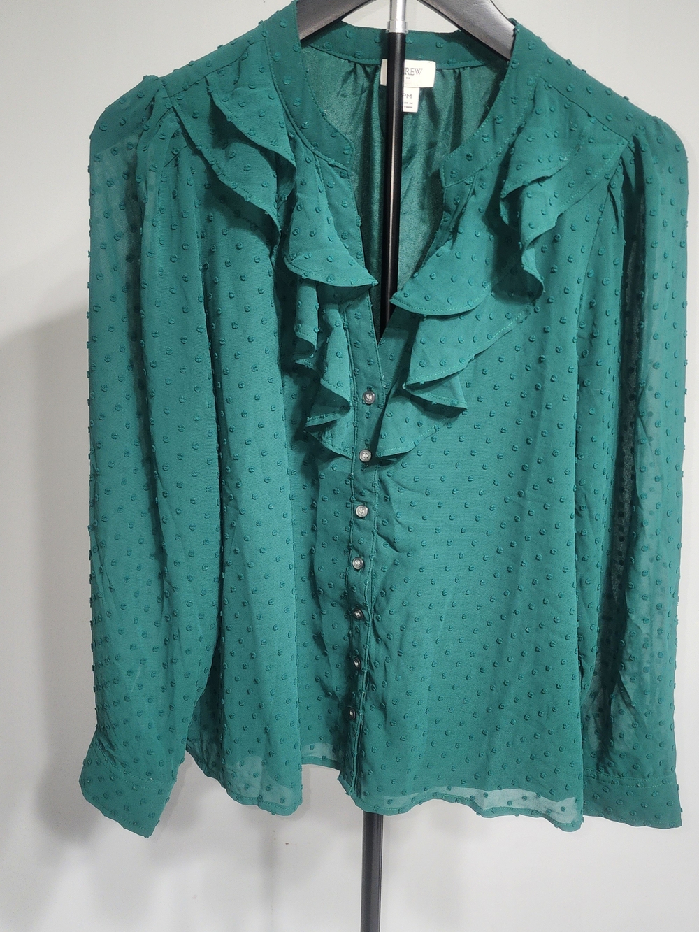 J. Crew Green Ruffle V-Neck Swiss Dot Button-Front Blouse Size MP Officecore